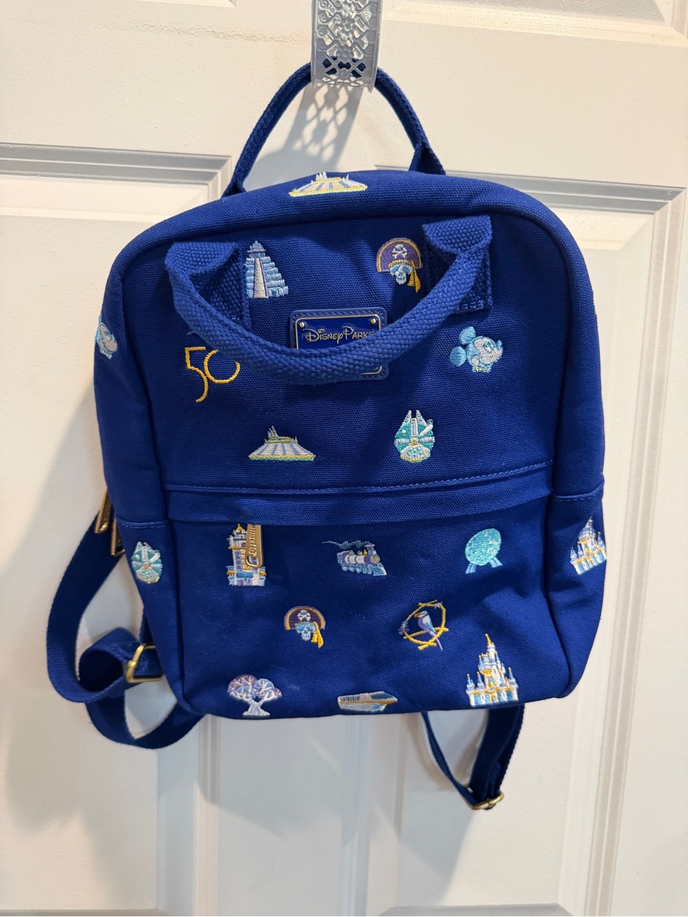 Loungefly 50th Anniversary Disney Blue Embroidered Park Icons Mini Backpack